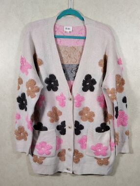 H137 BiBi Tan Cardigan with Pink, Brown & Black Floral Motif XL